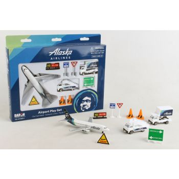Alaska Airlines Playset with Diecast Toy Airplane and Airport Accessories